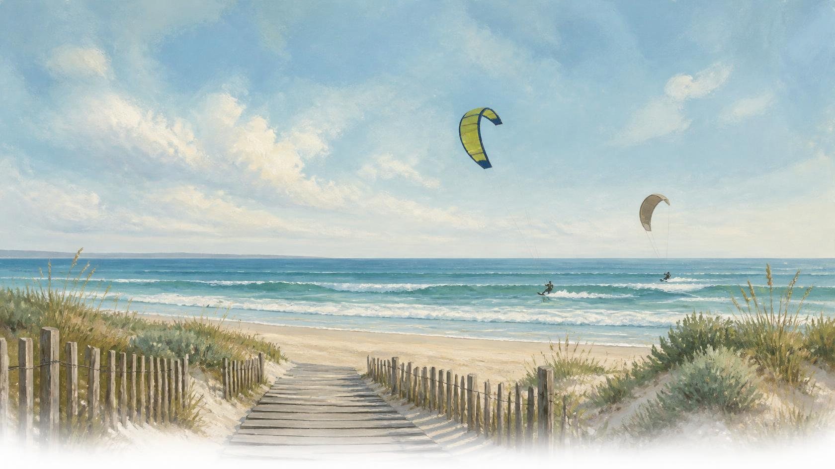 Gemalte Strandlandschaft: ein Holzsteg führt durch die Dünen zum Meer, auf dem zwei Kitesurfer fahren