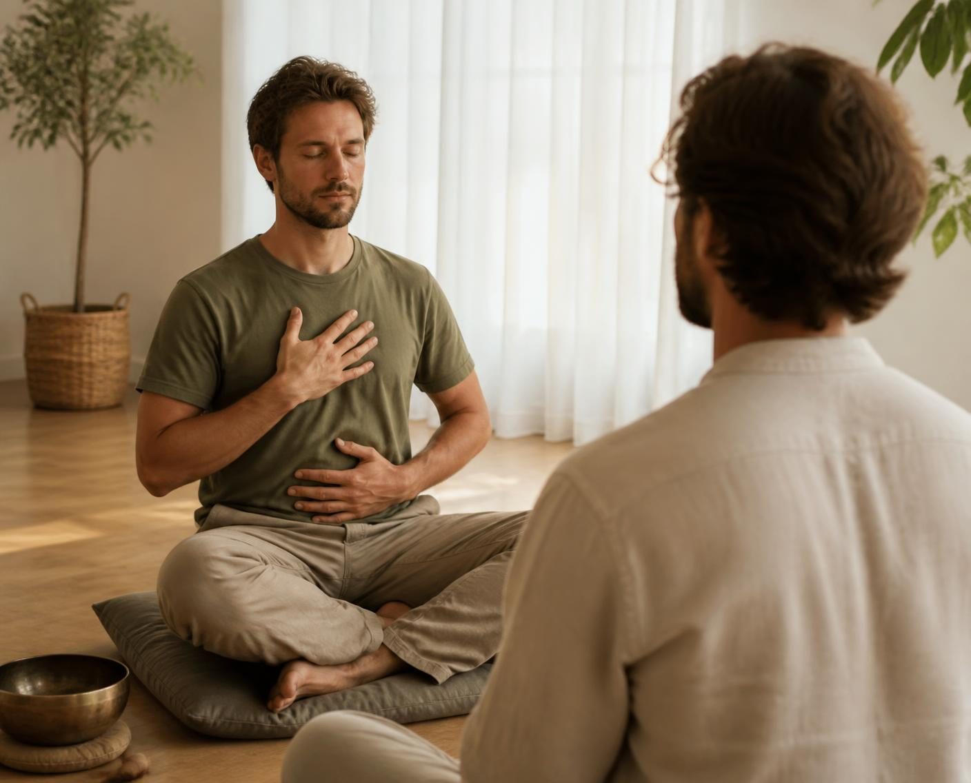 Somatisches Coaching: ein Mann sitzt mit geschlossenen Augen auf einem Kissen, eine Hand auf Brust und Bauch, sein Begleiter sitzt ihm gegenüber